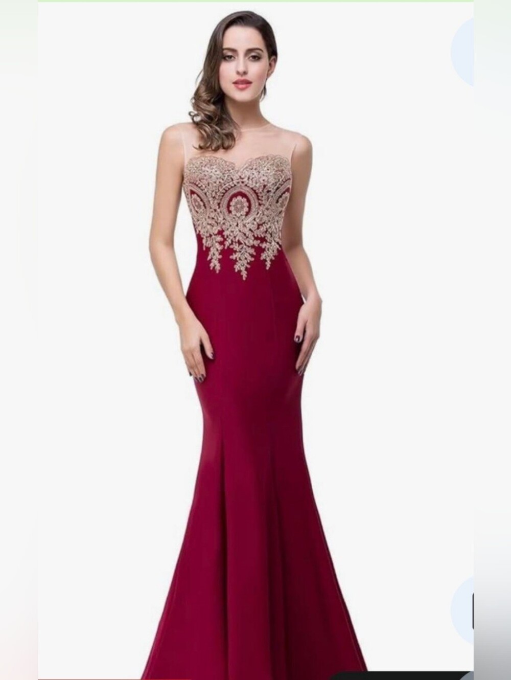 Baby Online Burgundy & Gold Appliqué Illusion Evening Gown Size Medium
